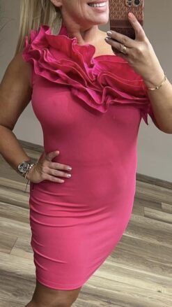 Félvállas pink női alkalmi ruha