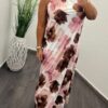 Hideg selyem női maxi ruha - rózsaszín virág minta
