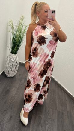 Hideg selyem női maxi ruha - rózsaszín virág minta