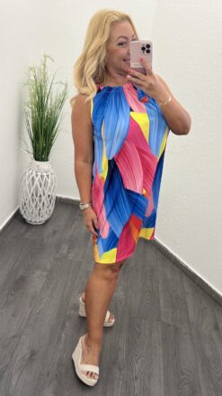 Ujjatlan hideg selyem női ruha - kék/pink